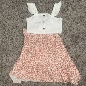 Girls White Ruffle Strap Top & Pink Floral Skirt Set